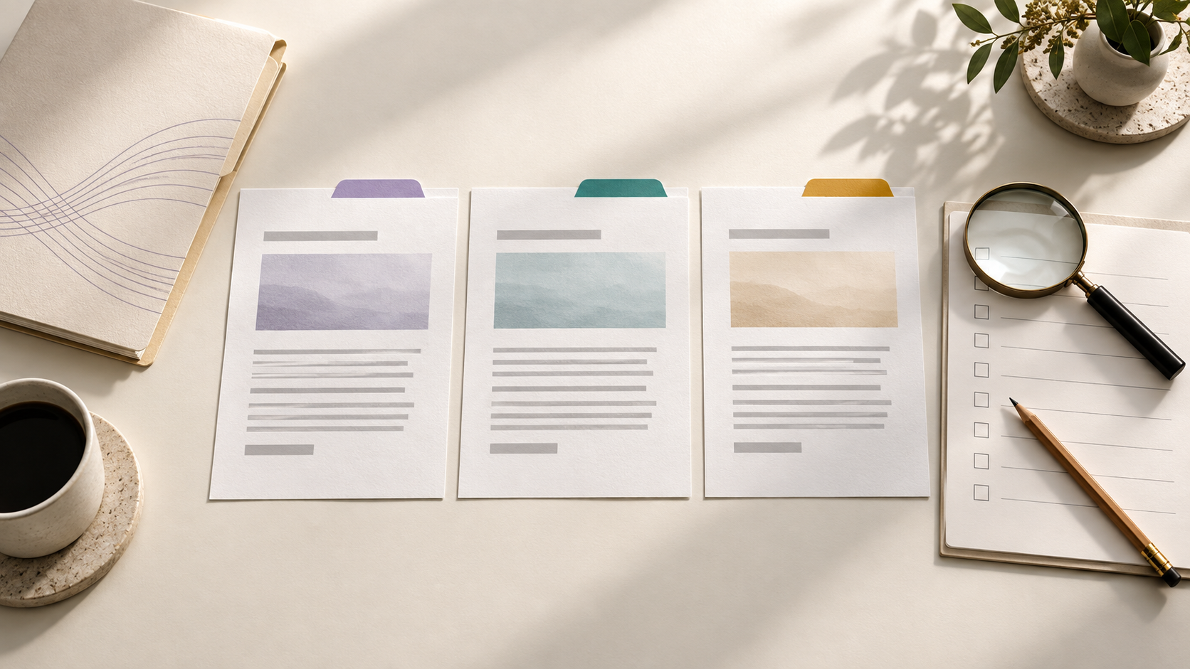 Three candidate output sheets beside a source folder, magnifying glass and unfinished review checklist.